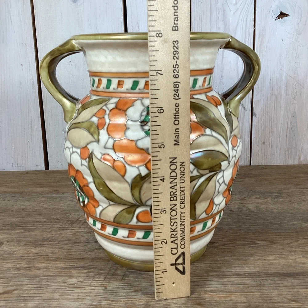 Charlotte Rhead Crown Ducal Pottery Twin Handled Vase Persian Rose Patte…